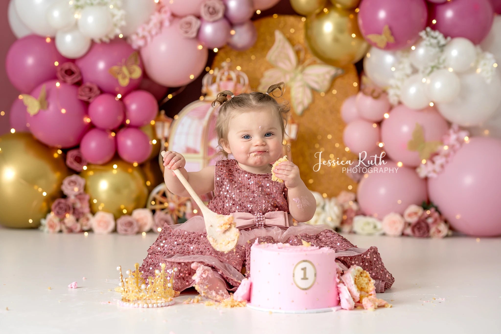 Pink Gold Princess Balloons Backdrop Butterfly Child Adult Birthday Photo Shoot Backgrounds Kids Baby Cake Smash Photocall Decor