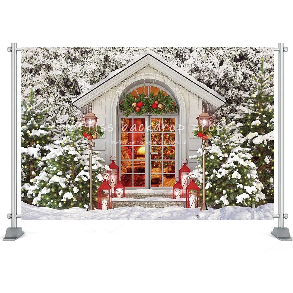 Christmas Winter Street House Photography Backdrop Toy Tree Cart Wreath Kids Birthday Portrait Background Photo Studio