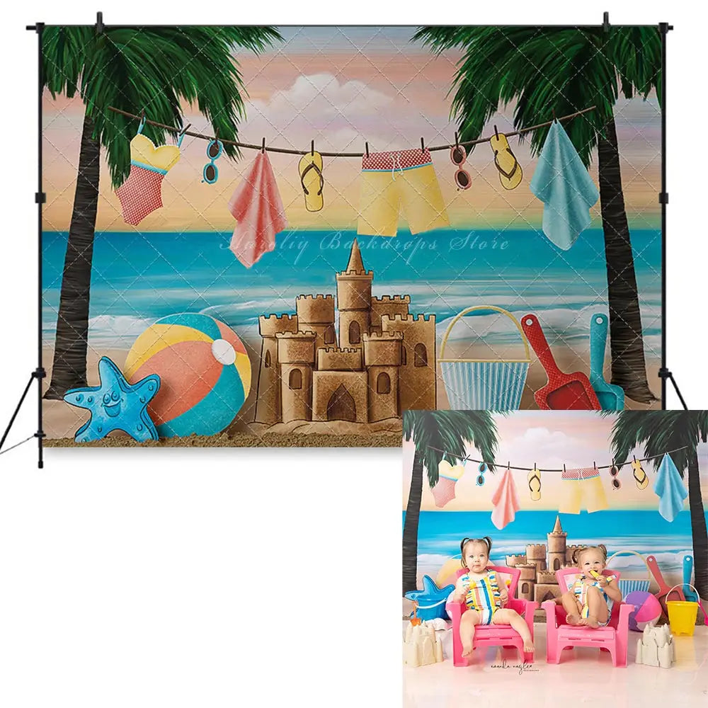 Summer Beach Sand Castle Photography Backdrop Seashore Kids Baby Cake Smash Photocall Decors Child Adult Studio Backgrounds