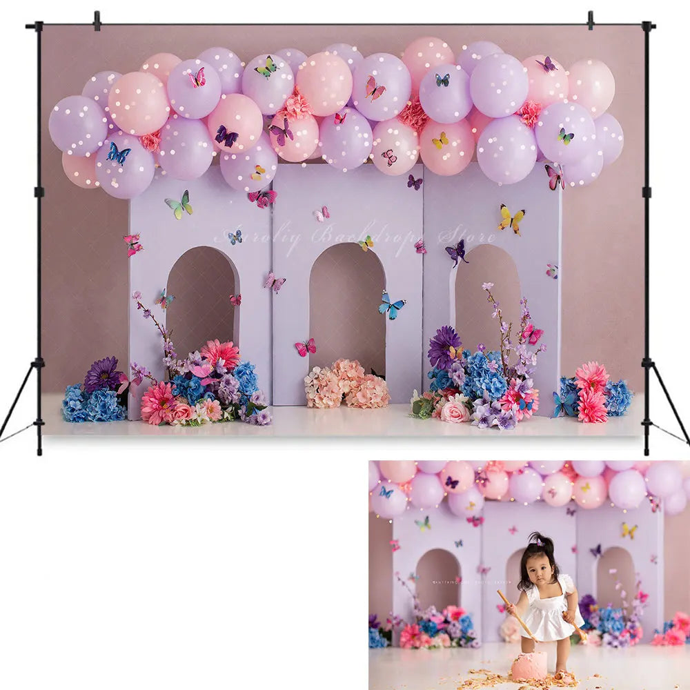 Spring Butterfly Garden Garland Balloon Backdrop Child Kids Cake Smash Photography Props Baby Girls Adult Studio Backgrounds