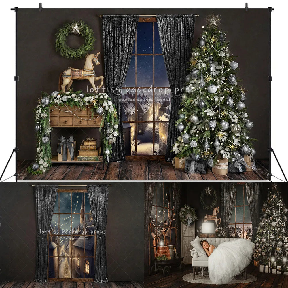 Cheerful Festivity Xmas Fireplace Backdrops Adult Portrait Kids Girl Photocall Toy Horse Window Living Room Background