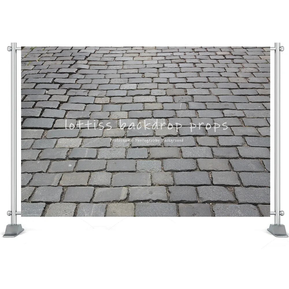 Stone Floor Backdrop Brick Road Photography Texture Design Black White Cobblestone Pavement Background Street Floor Photo Props