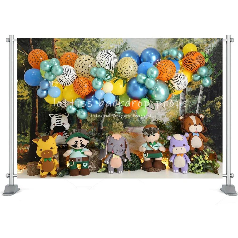 Jungle animaux bois plancher gâteau Smash toile de fond florale enfants anniversaire photographie accessoires mur de briques Lion singe forêt fond 