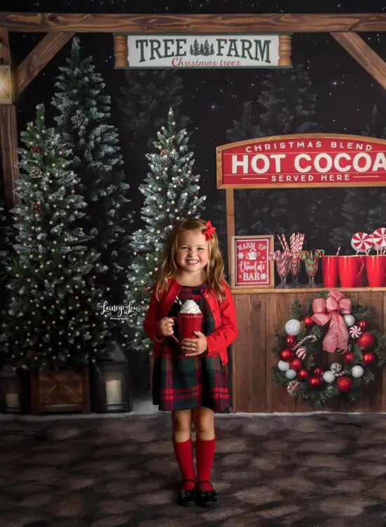 Christmas Hot Cocoa Tree Farm Backdrop Kids Baby Photography Props Child Adult Photocall Xmas Wreath Decors Store Background