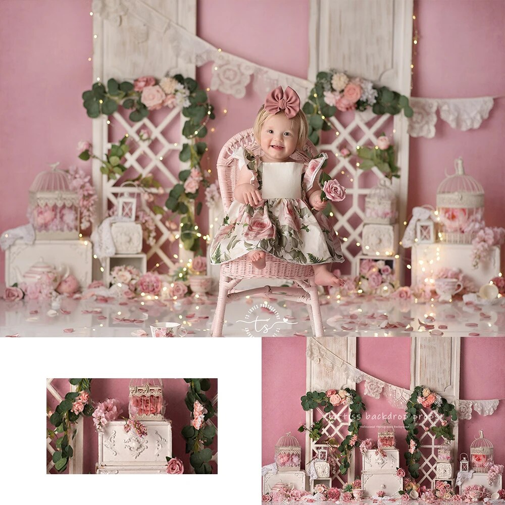 Spring Garden Tea Party Backdrops Kids Baby Photorgaphy Props Child Adult Photocall Decors Floral Pink Wall Background