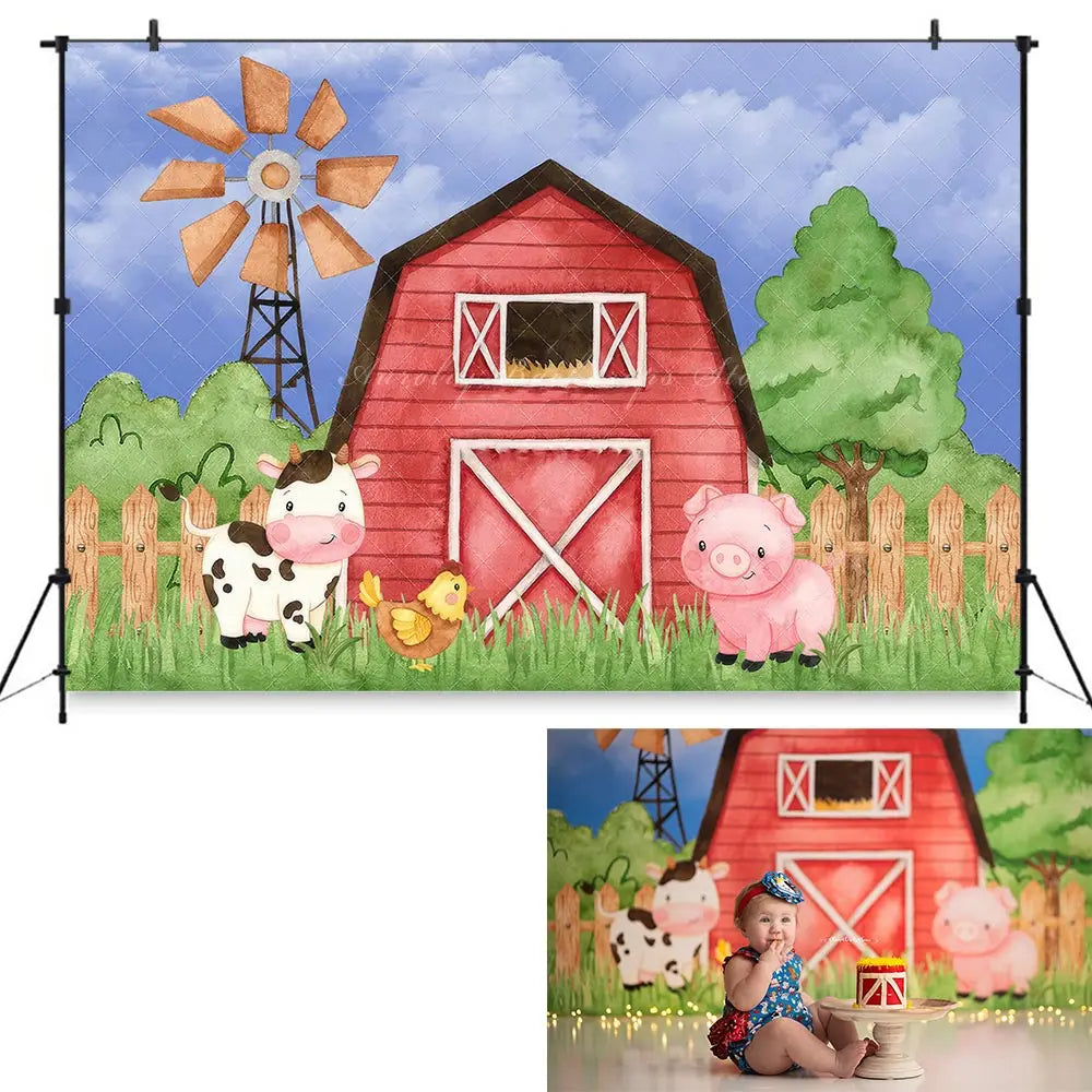 Farm Theme Birthday Backdrop Red Barn Kids Baby Cake Smash Photography Props Girls Adult Birthday Studio Backgrounds