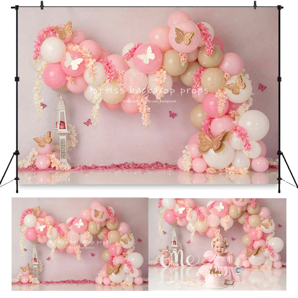 Pink White Butterflies Balloons Flower Arch Backdrops Kids Baby Cake Samsh Photocall Child BIrthday Backgrounds