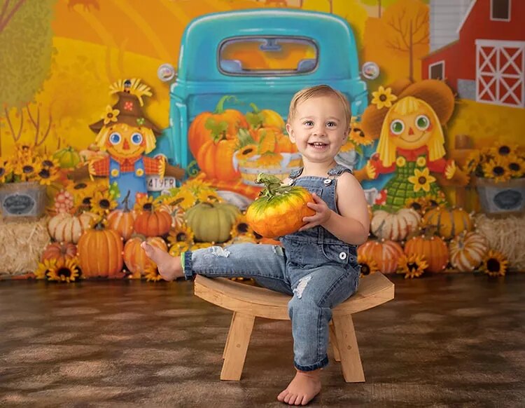 Arrière-plan de ferme d'automne, accessoires de photographie pour enfants et bébés, pour séance photo d'enfant et adulte, décor d'épouvantail de camion d'automne 