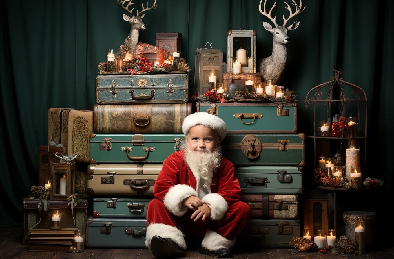 Boîte de voyage de cerf de noël, toile de fond de photographie, accessoires de séance photo pour enfants et adultes, décors de Festival de noël, arrière-plan de chambre du père noël 