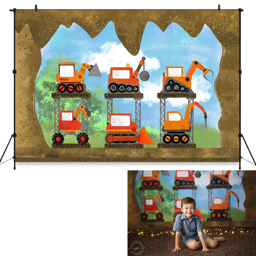 Little Digger Photo Backdrop Kids Baby Cake Smash Photography Props Excavator Child Boys Adult Birthday Studio Backgrounds