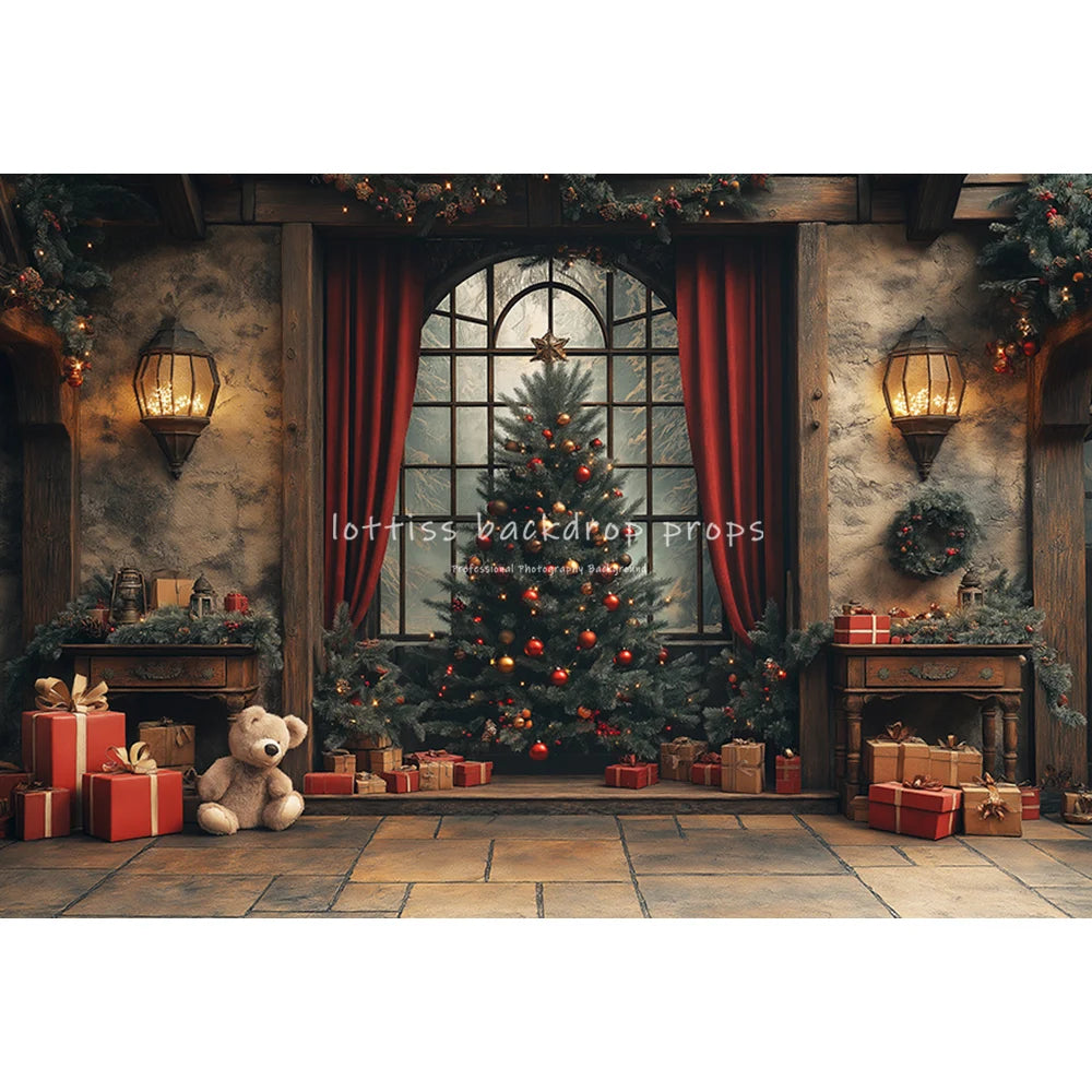 Christmas Trees Room Backdrops Kids Family Photography Child Adult Photocall Winter Fireplace Retro Cottage Backgrounds