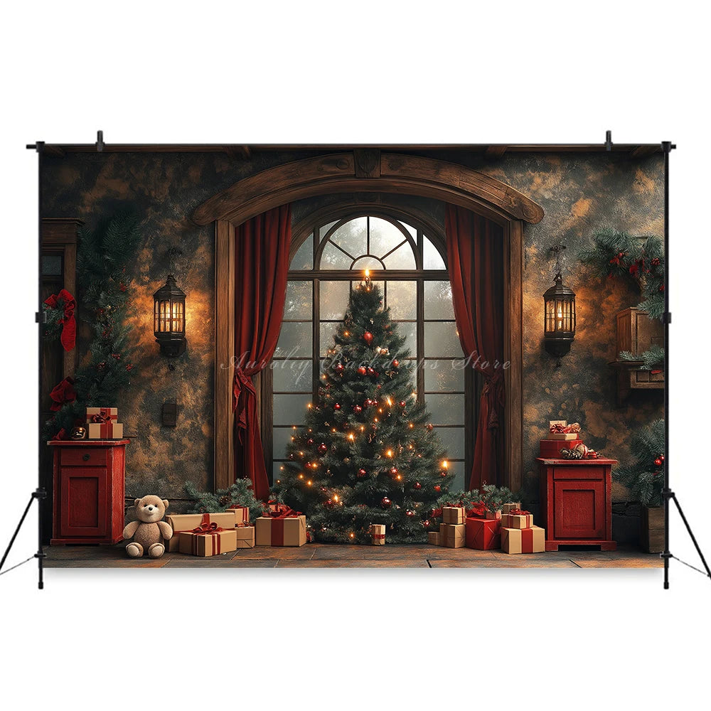 Christmas Fireplace Backdrop Red Drapes And Windows Baby Kids Portrait Family Party Photocall Photograhy Background