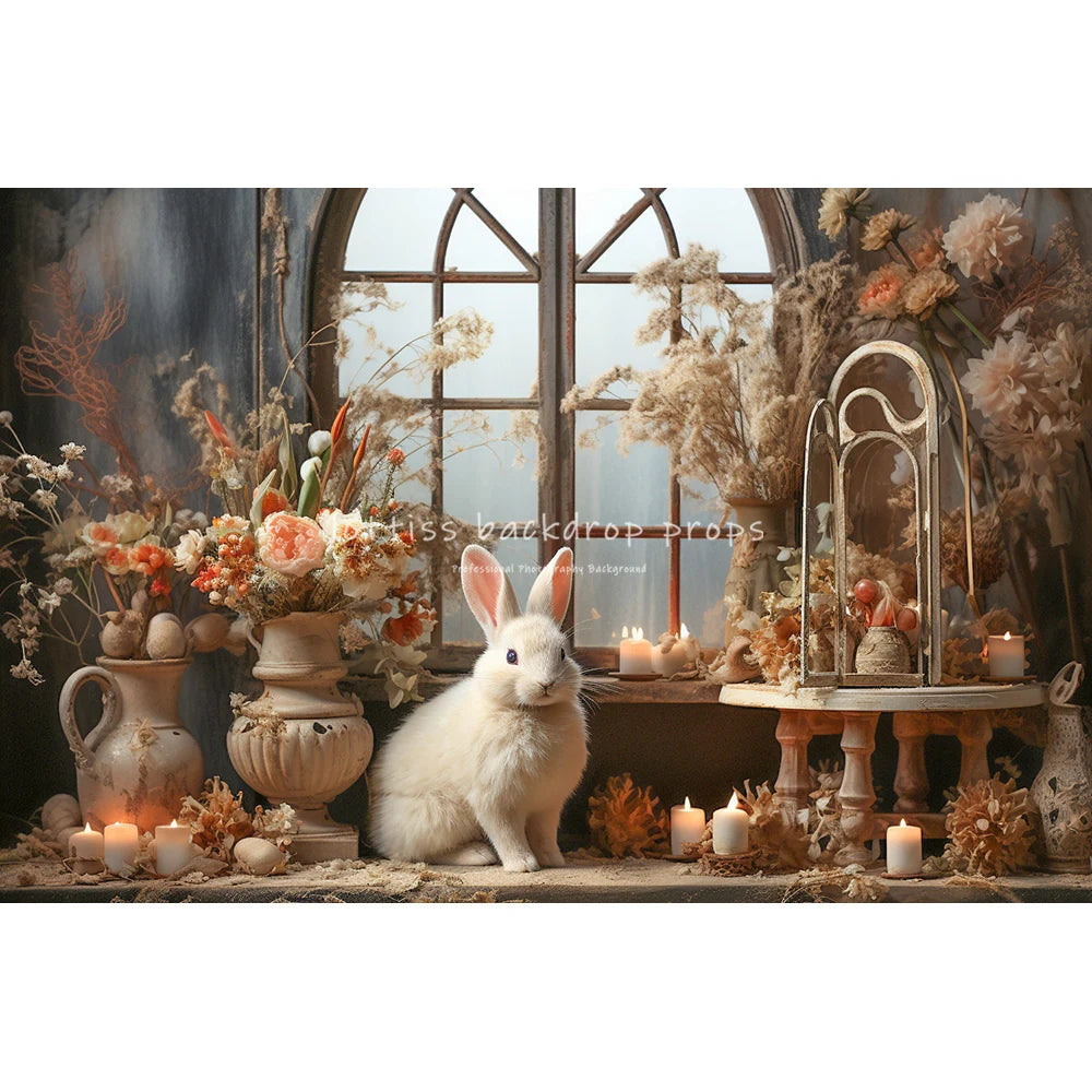 Easter Bunny On Windows With Large Flowers Backdrops Kids Baby Photocall Child Adult Photocall Spring Floral Eggs Backgrounds