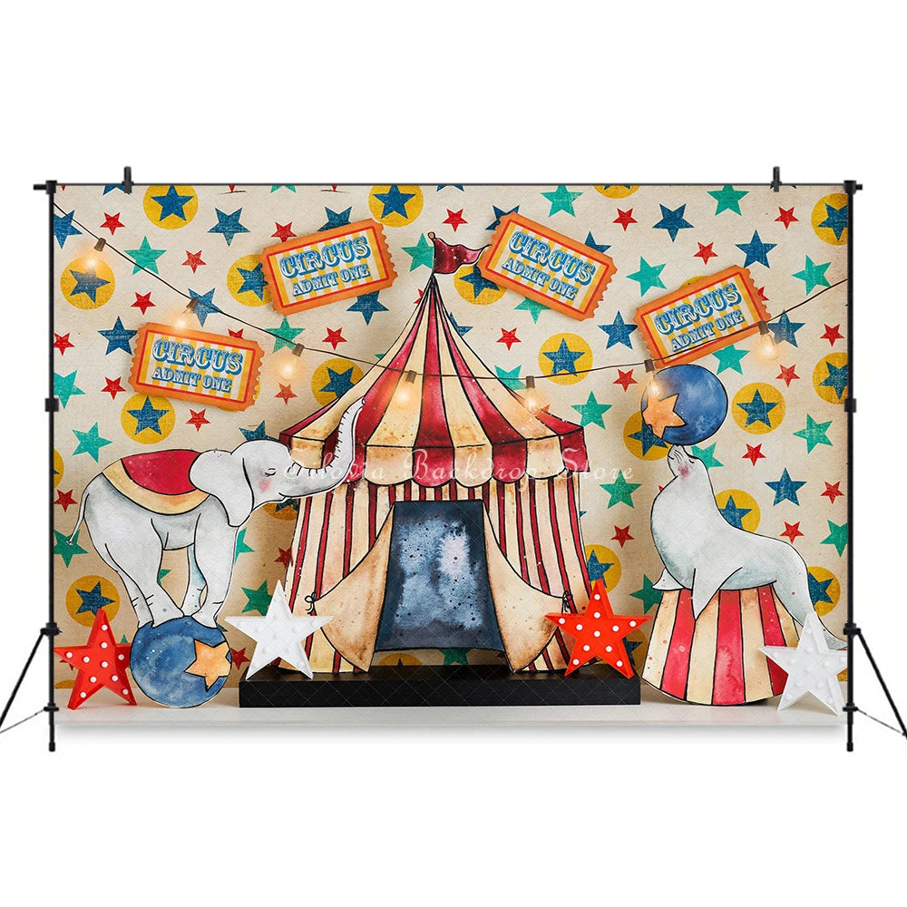 Circus Admit One Photography Backdrop Birthday Cake Smash Photo Background Red White Striped Tent Elephant Photo Studio Props