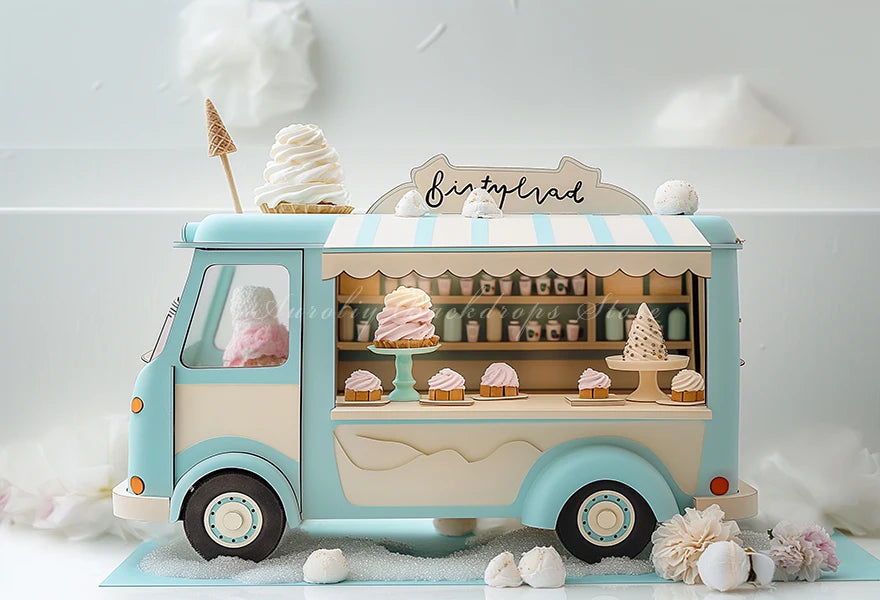 Ice Cream Truck Backdrop Kids Baby Cake Smash Photography Props Candy House Child Girls Adult Birthday Studio Backgrounds