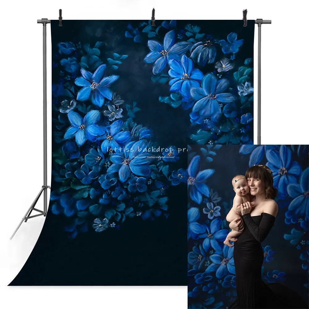 Peinture à l'huile fleurs bleues décors enceinte maternité bébé Portraits Studio nouveau-né Floral Photo Shoot arrière-plan accessoires 