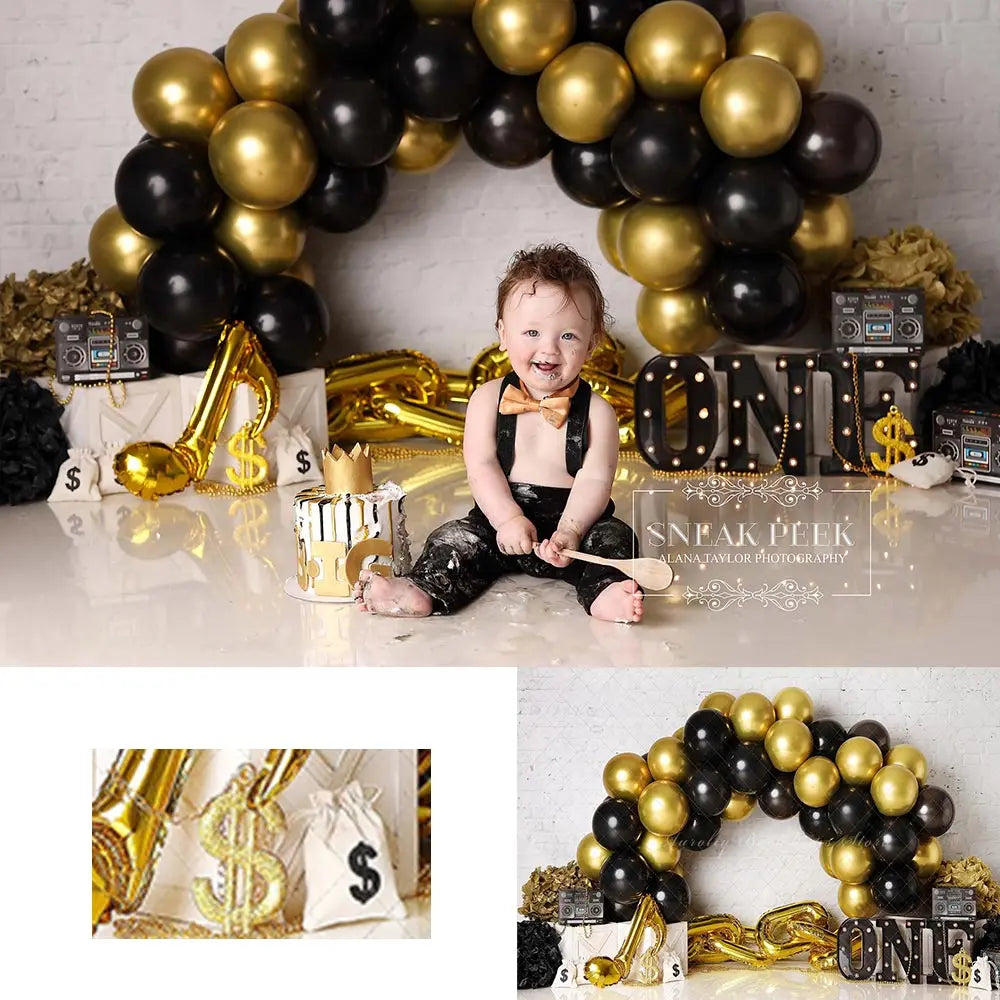 Black and Gold Balloon Garland Backdrop Kids Baby 1st Birthday Studio Backgrounds Child Boys Cake Smash Photography Props