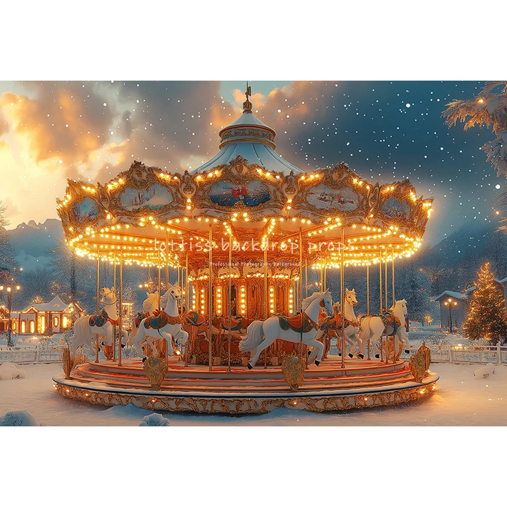 Winter Carousel Wooden Barn Cottage Backdrops Kids Adult Photography Child Baby Photocall Snowflake Forest Backgrounds