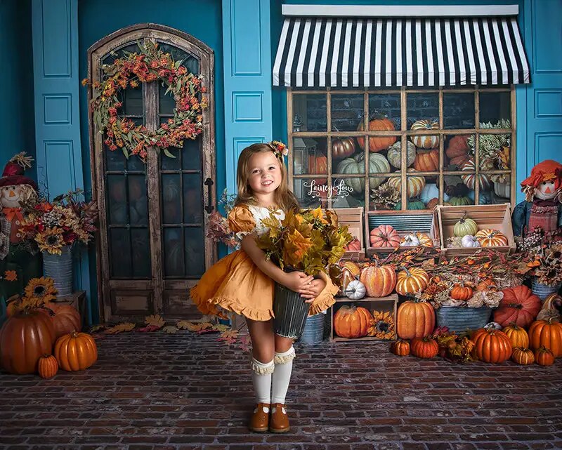 Vitrine d'automne pour enfants, photographie de filles, séance photo pour bébés, accessoires de gâteau d'anniversaire, arrière-plan citrouille d'halloween 