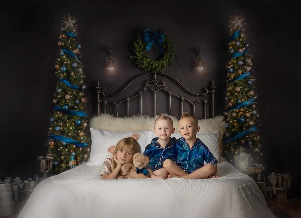 Arrière-plan de tête de lit de noël, bleu, réveillon d'hiver, accessoires de Portrait de famille pour enfants et adultes, décor d'arbres de noël pour studio photo 