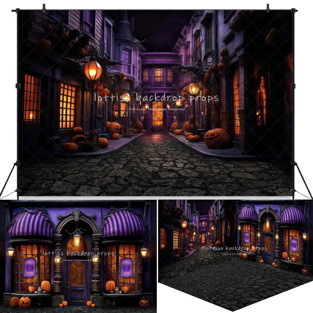 Arrière-plan de rue hantée d'halloween, accessoires de photographie pour enfants, décors de Festival pour enfants et adultes, arrière-plan avant de boutique magique 