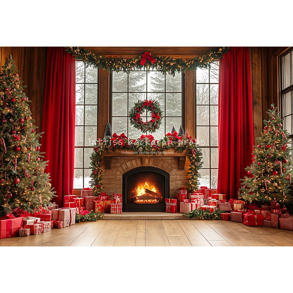 Christmas Windows Santa Fireplace Backdrops Kids Adult Child Baby Photocall Xmas Trees Living Room Red Curtains Backgrounds