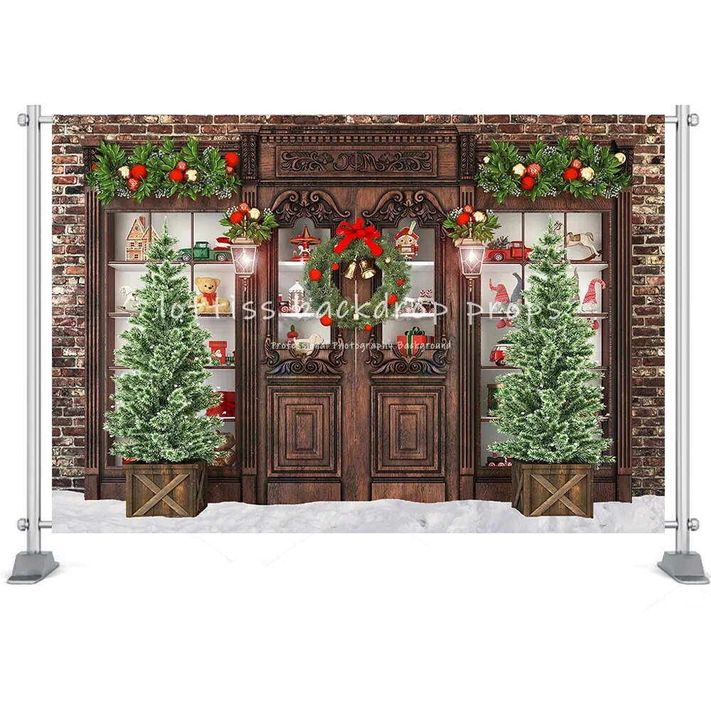 Christmas Toy Store Photography Backdrop Toy Horse Gingerbread House Xmas Room Kids Portrait Background Vintage Wood Door Decor