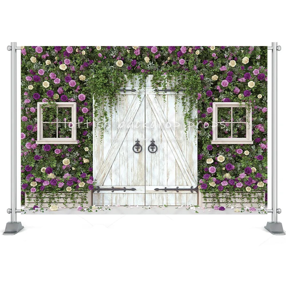 Printemps jardin grange porte photographie toile de fond lapin fleurs fenêtre en bois verdure décorations cheminée pâques arrière-plans accessoires 