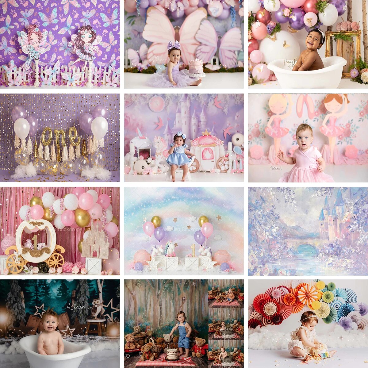 Floral Butterflies Castle Backdrops Kids Baby Cake Smash Props Child Girl Photocall Decors Birthday Cake Smash Background