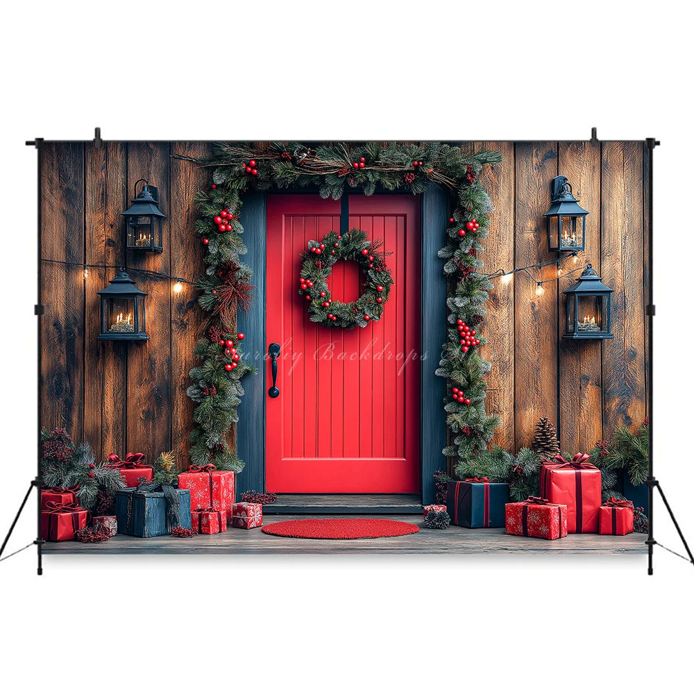 Christmas Red Door With Wreaths And Garlands Photography Backdrop Baby Kids Portrait Family Party Photocall Studio Backgrounds