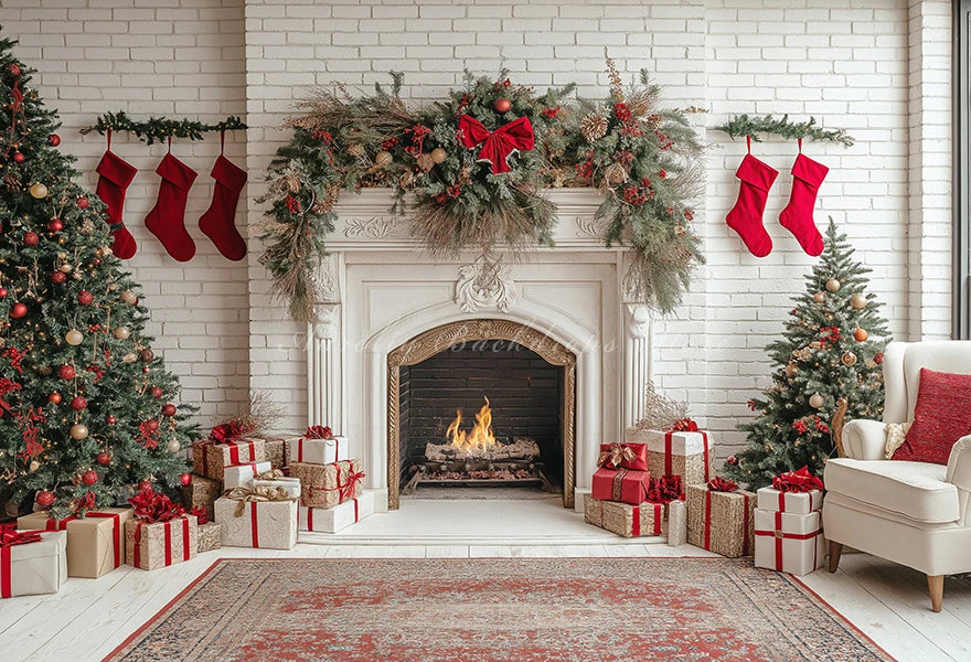 Christmas Fireplace White Brick Wall for Photography Backdrop Kids Baby Cake Smash Photocall Decor Child Adult Studio Background