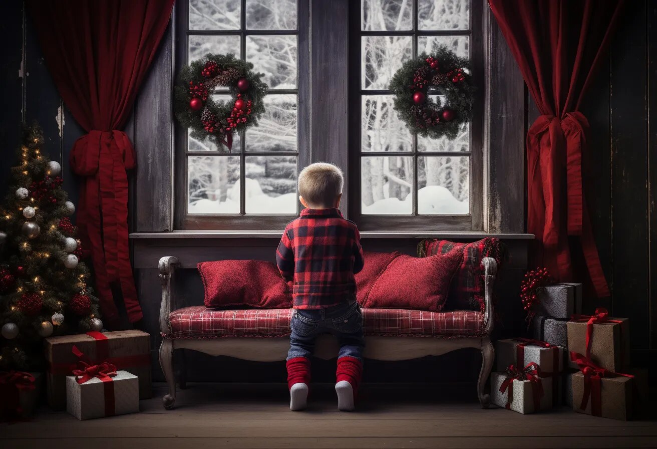 Xmas  Windows Backdrops Kids Baby Photography Props Child Adult Photocall Red Curtain Christmas Snowy Country Decors Background