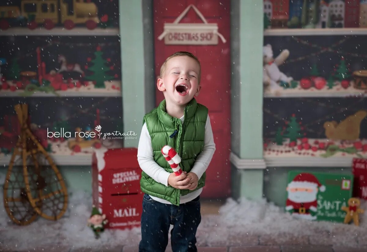 Arrière-plan de magasin de jouets de noël, arrière-plan de gâteau Smash pour adultes et enfants, accessoires de fête de famille d'hiver, flocon de neige, arrière-plan de magasin de bonbons 