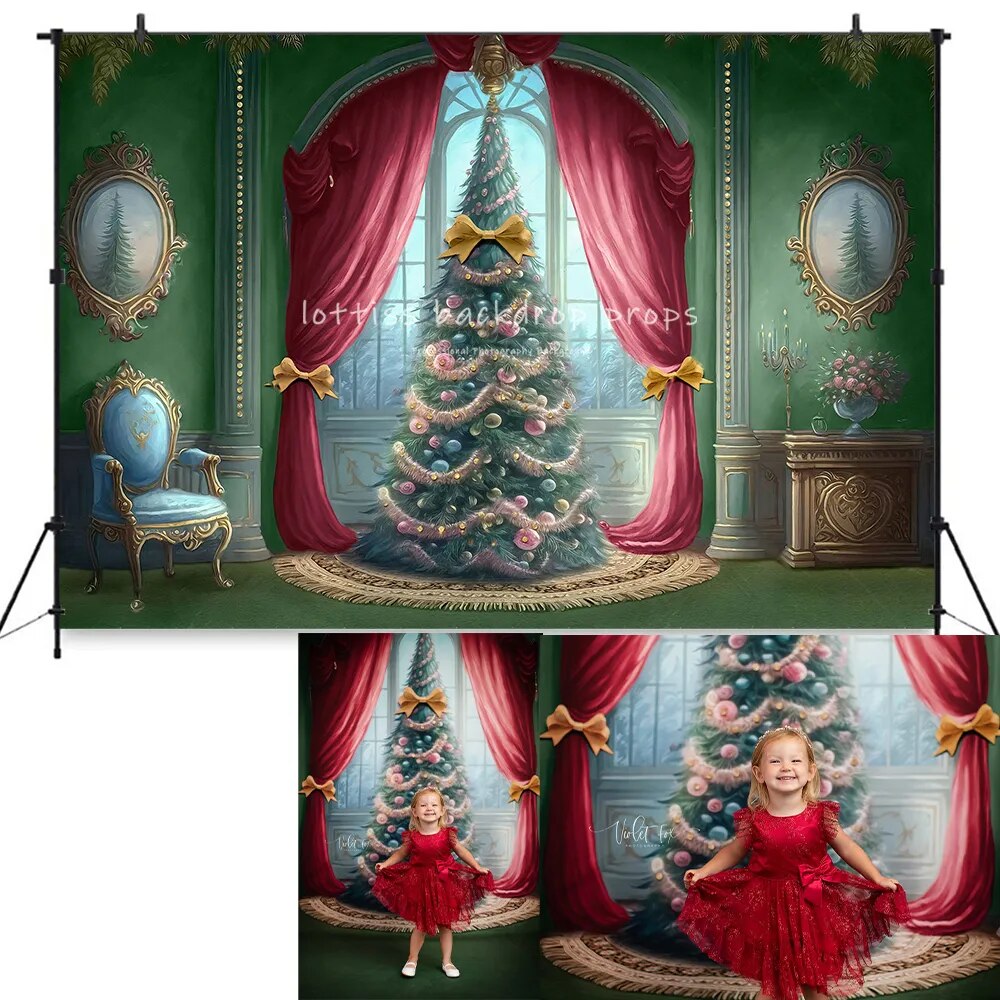 Souhaits de noël rideaux roses arrière-plan enfants bébé accessoires de photographie adulte enfant Photocall arbres de noël fond 