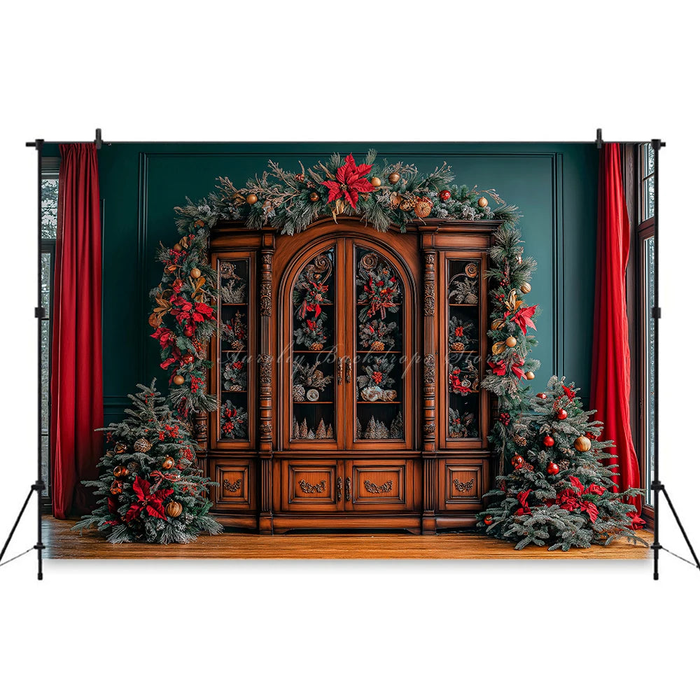 Large Cabinet With Christmas Decorations Photo Backdrop Kids Baby Cake Smash Photography Props Family Party Photocall Background