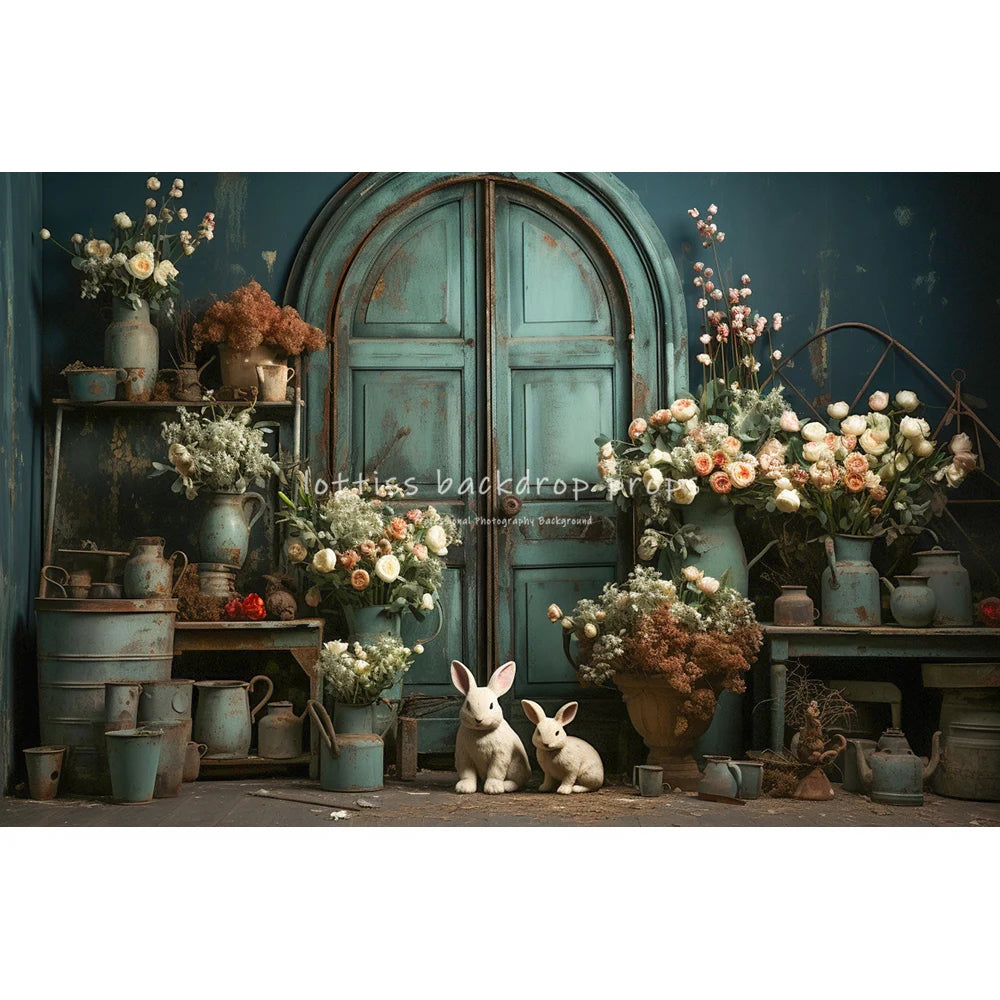 Easter Rustic Wooden Door With Bunnies Eggs And Flowers Backdrops Kids Baby Photography Child Adult Photocall Spring Backgrounds