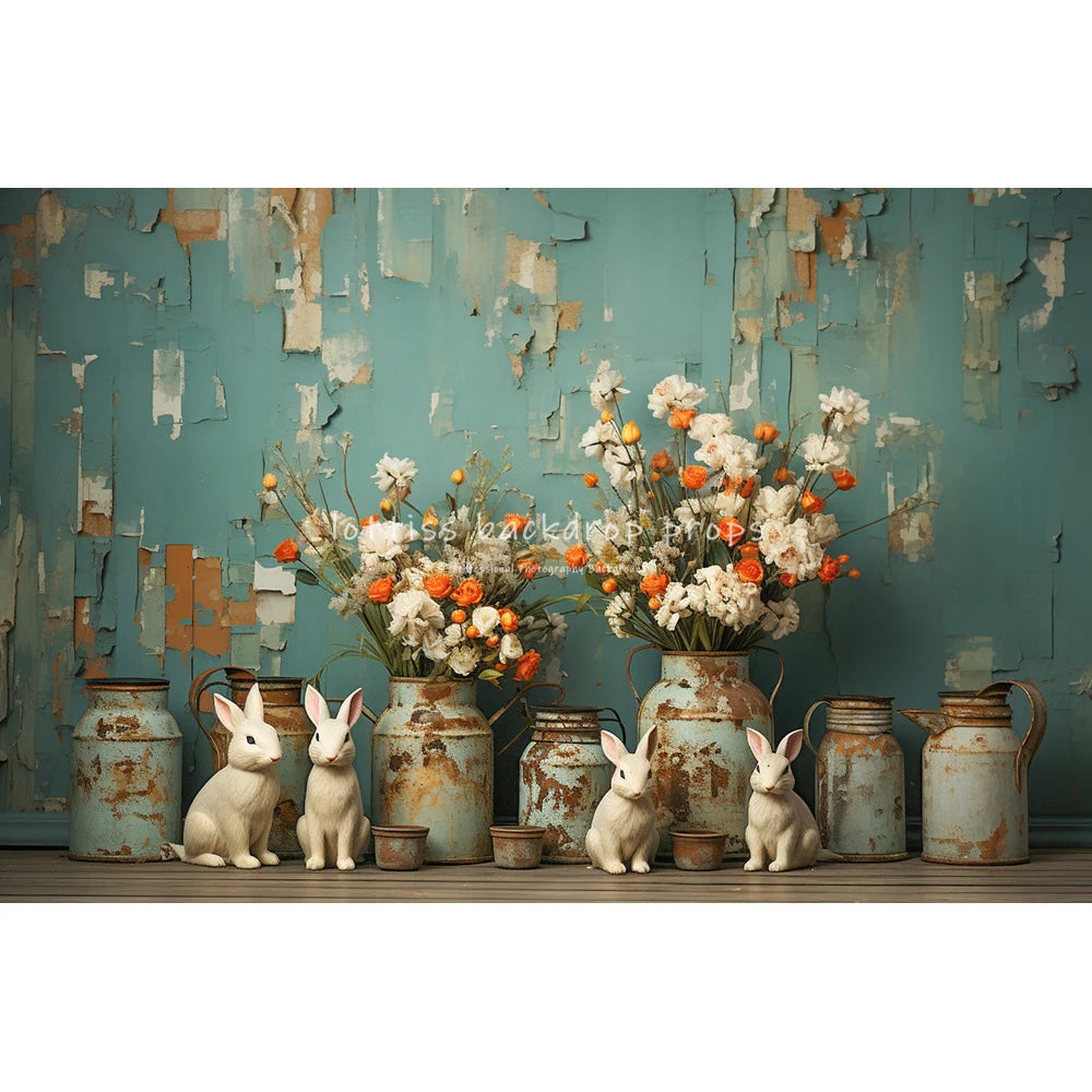 Easter Retro House Bunny Backdrops Kids Baby Photocall Child Adult Photography Spring Floral Vase Backgrounds