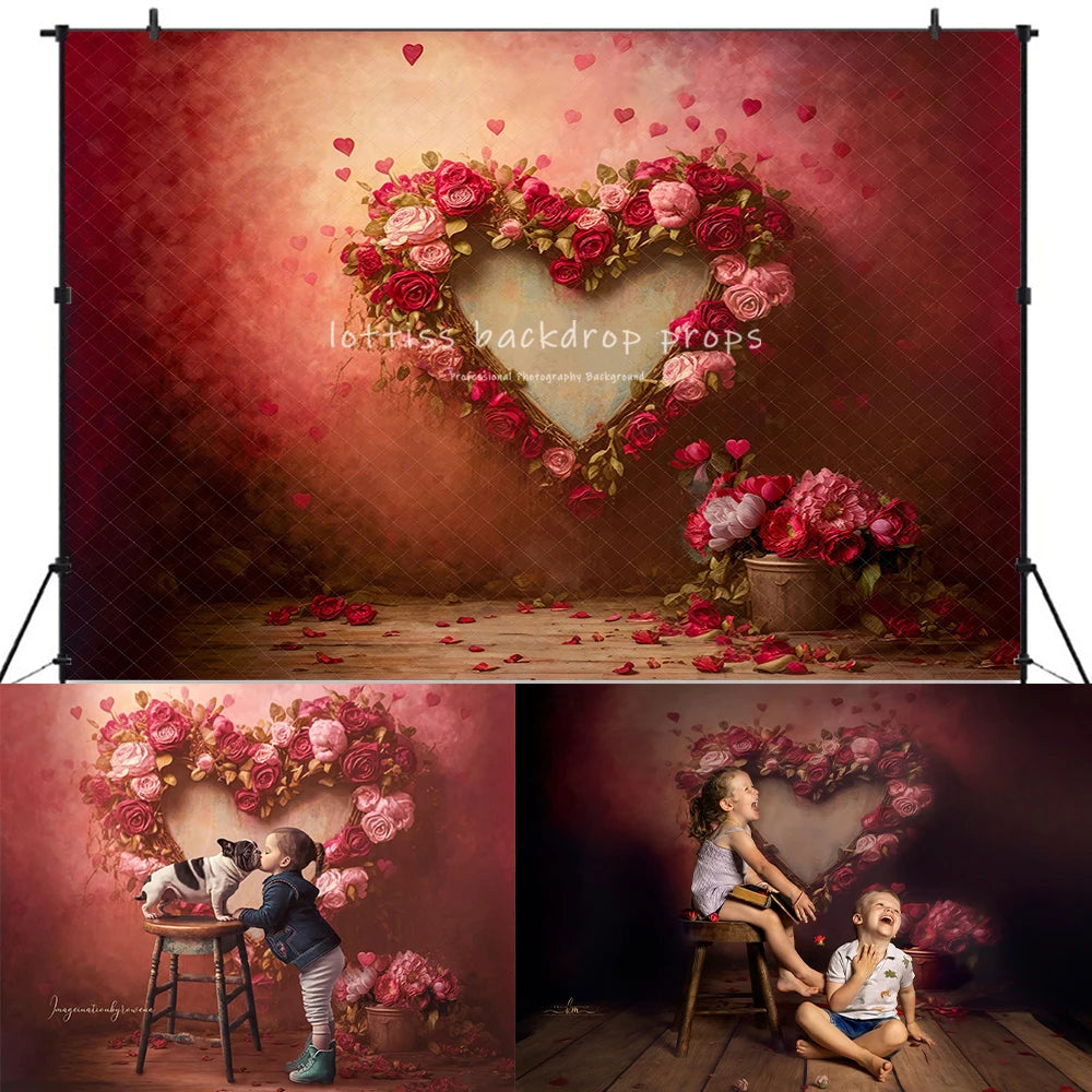 Floral Heart Wall Valentines Backdrops Kids Baby Photography Child Girl Photocall Decors Pink Rose Flower Backgrounds