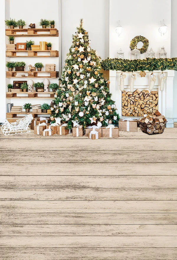 Gifts Under the Christmas Tree Photography Backdrop Kitchen Decorated for the Holidays Kids Baby Cake Smash Photocall Decors