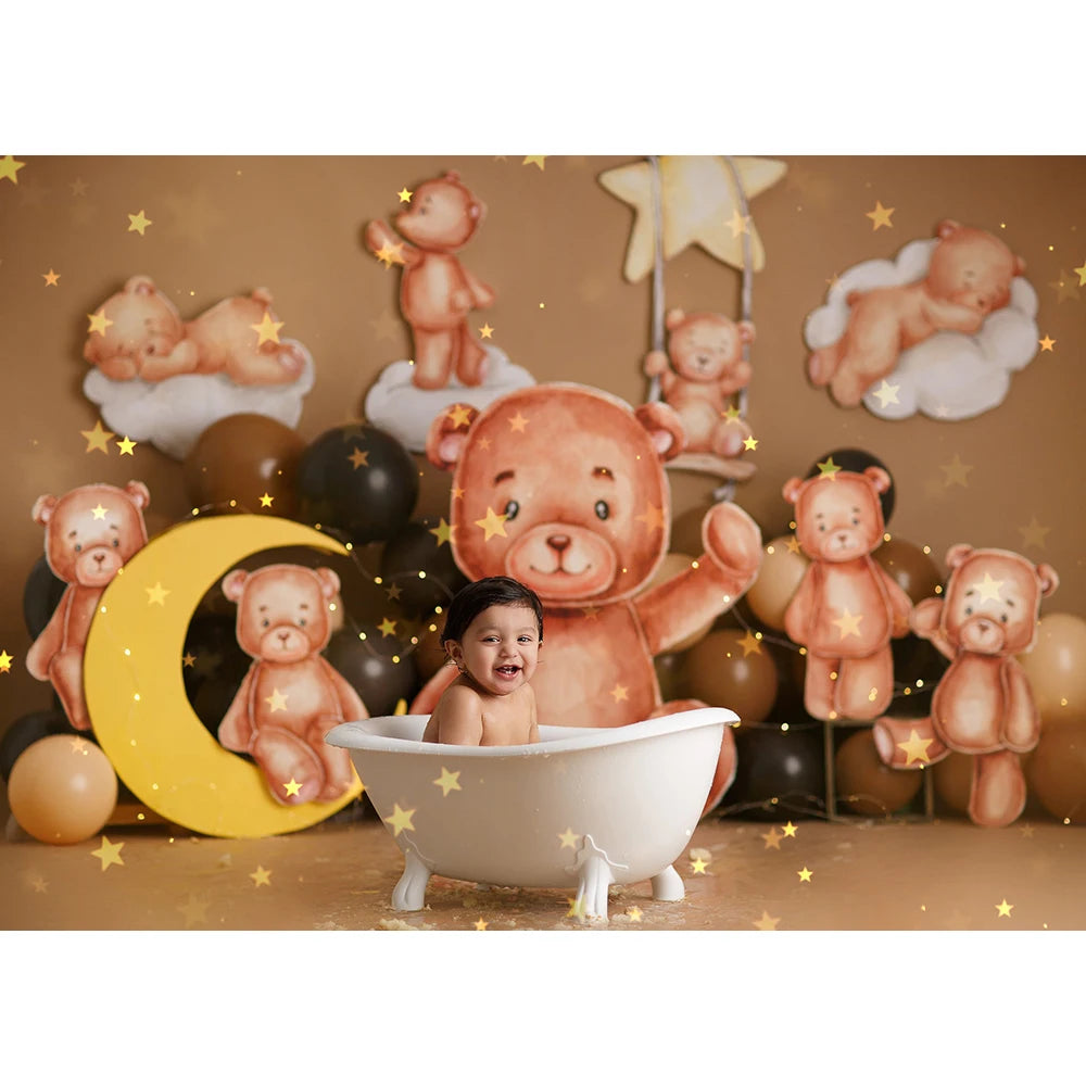 Brown Cute Bear Clouds Photo Background Children Birthday Cake Smash Photography Backdrop Balloon Decoration Photo Studio Props