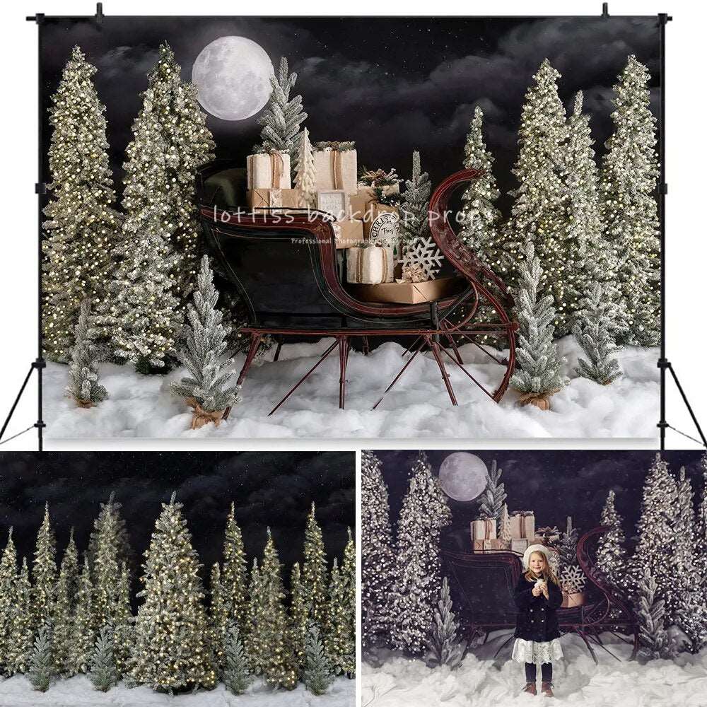 Antique Sleigh Backdrops Kids Portrait Photography Christmas Family Photocall Child Adult Xmas Snowy Forest Backgrounds