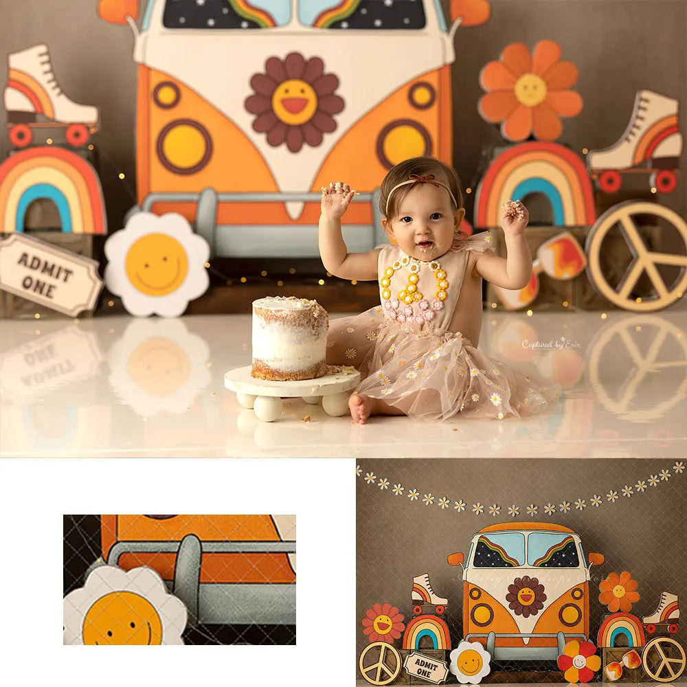 Sunflower Bus Backdrop Child Baby 1st Birthday Photography Props Rainbow Kids Adult Cake Smash Photocall Studio Backgrounds