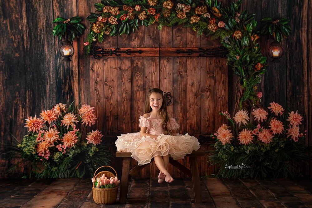 Reclaimed Garden of Alabaster Backdrops Kids Girl Photography Props Child Baby Wooden Door Spring Flower Wall Background