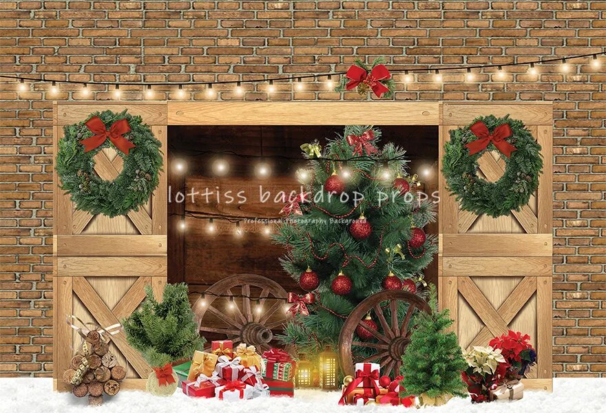 Farm Barn Door Christmas Backdrop Gifts Snowy Winter Xmas Tree Background Adult Family Baby Photocall Photostudio Props