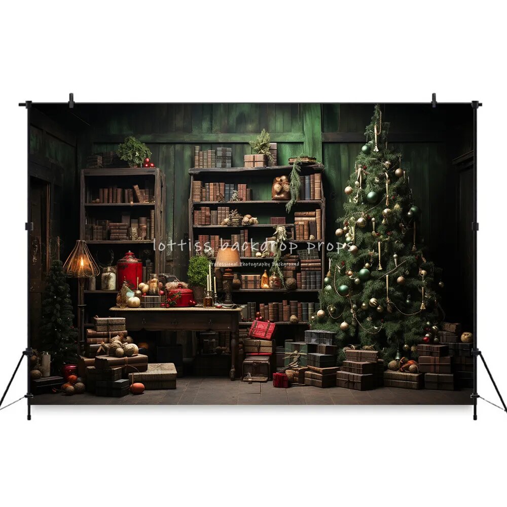 Christmas Santas Green Work Station Backdrop Kids Adult Photogrpahy Props Child Baby Photocall Xmas Trees Sofa Decors Background