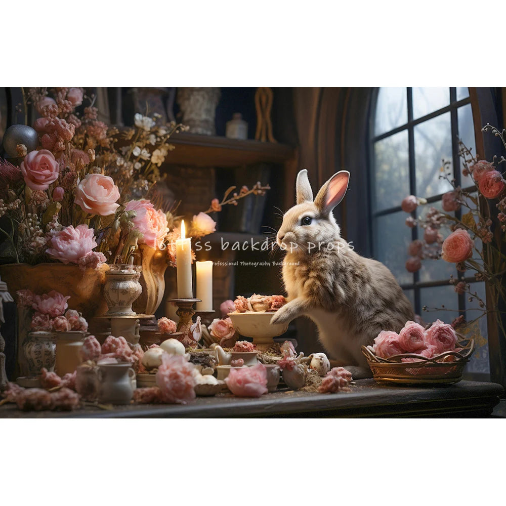 Easter Bunny With Flowers Vase Backdrops Kids Baby Photocall Child Adult Photocall Flower Windows Wooden Wall Backgrounds