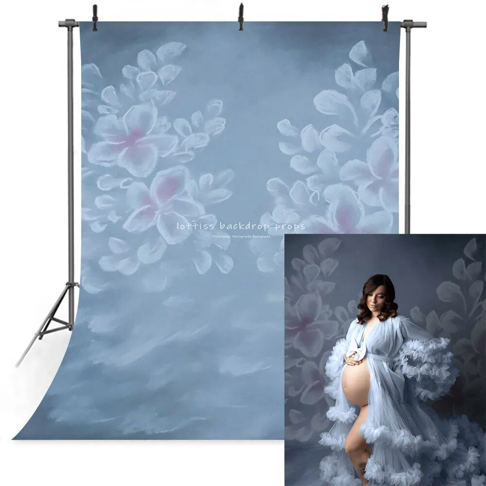 Toile de fond bleu clair pour Portrait de femme enceinte et d'enfants, accessoires de studio de photographie pour bébé fille, peinture à la main, fond de fleur 