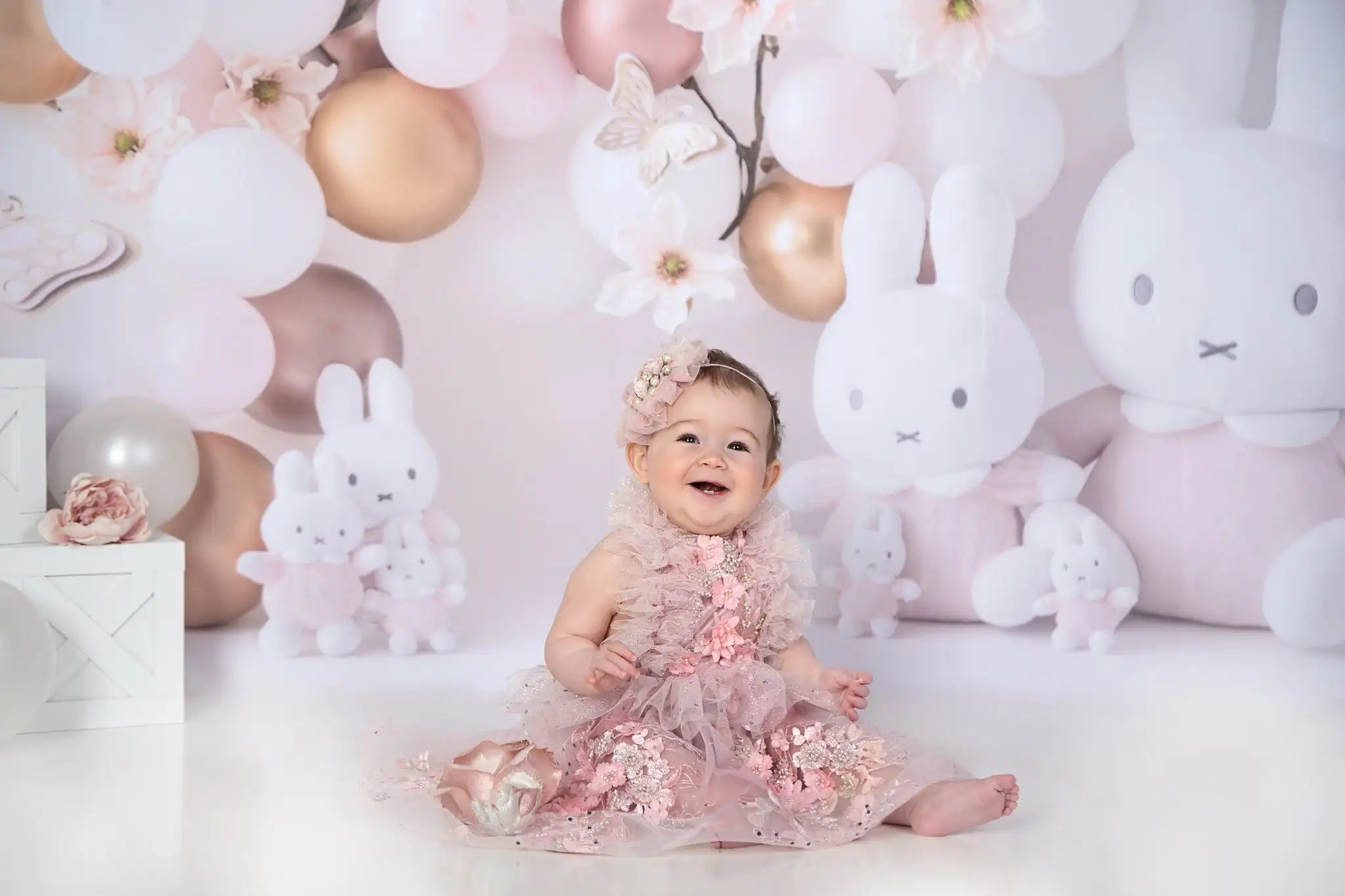 Pink Butterflies and Bunnies Backdrop Balloons Kids Cake Smash Photography Props Child Baby Girls Adult Photocall Backgrounds