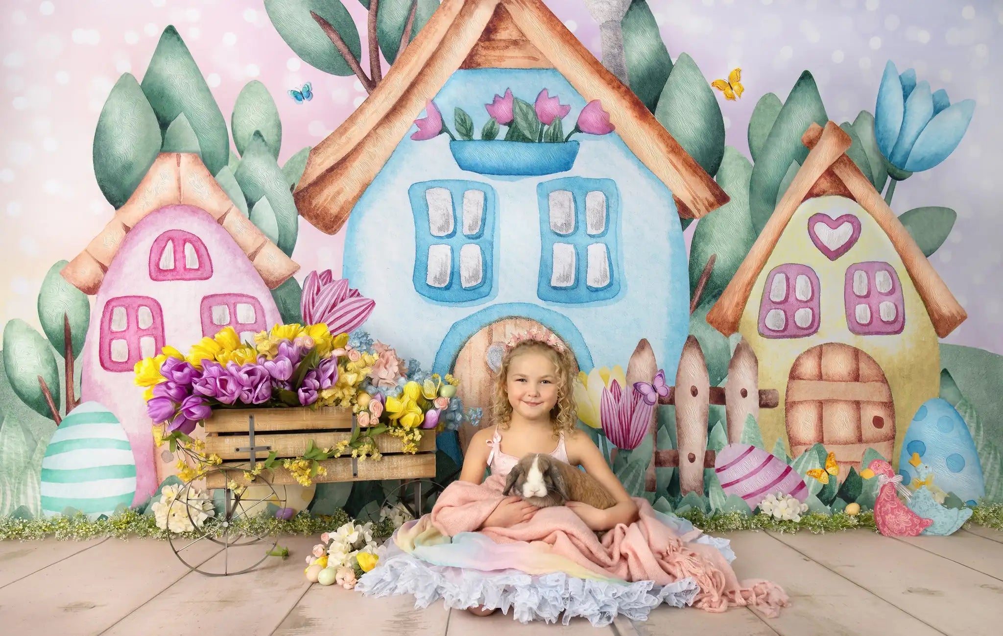 Bunny Village Backdrops Kids Girl Birthday Cake Smash Photography Props Child Baby Photocall Floral House Backgrounds