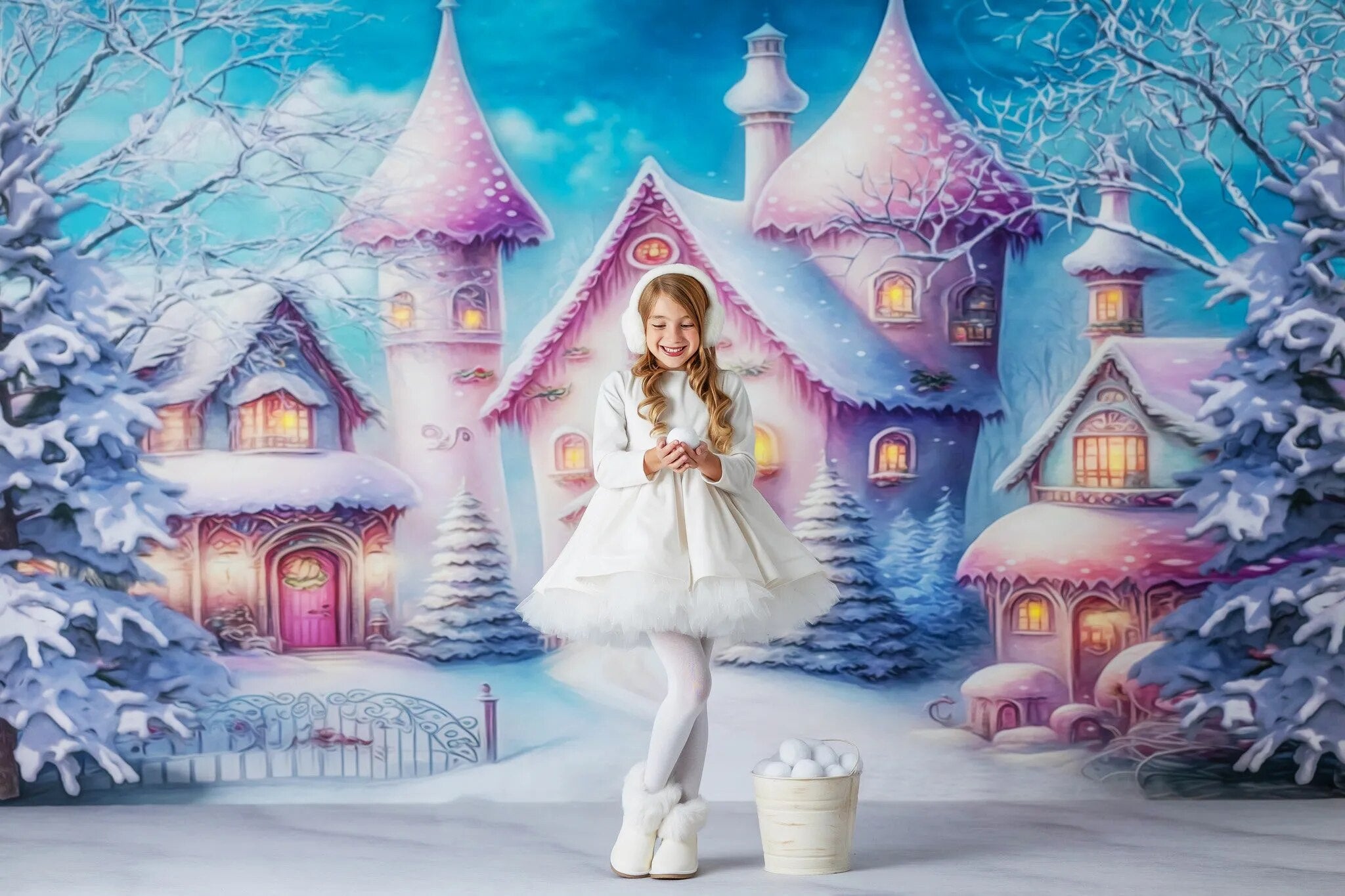 Colorful Snowy Village Backdrop Kids Adult Photography Child Baby Photocall Props Winter Christmas Snowflake Castle Background